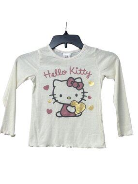 Hello Kitty Girls Long Sleeve White Ribbed Shirt With Gold & Pink Hearts, Sz. 5